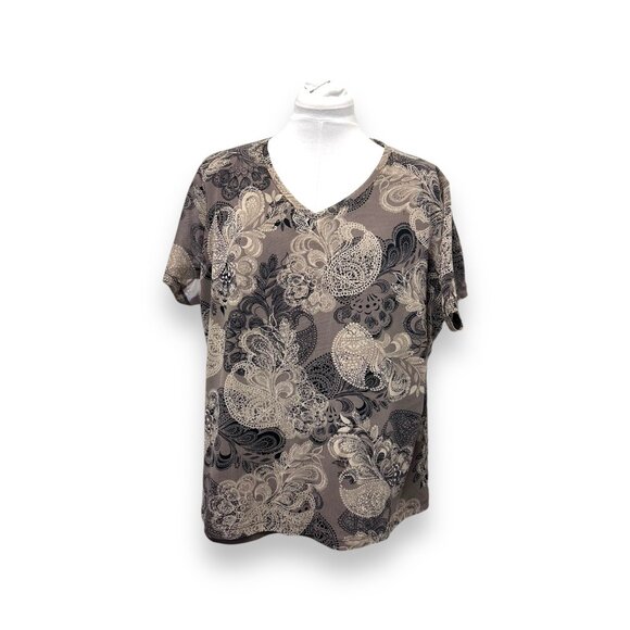 Croft & Barrow Womens 3X Top V-Neck Floral Paisley Print Beige/Black Polyester/N - Picture 1 of 8
